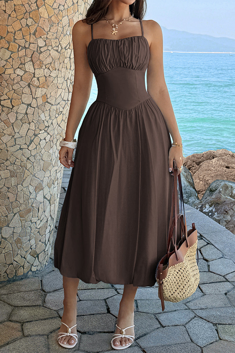 Solid Sleeveless Ruched Bust A Line Dress