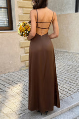V Neck Backless Sleeveless A Line Long Dress