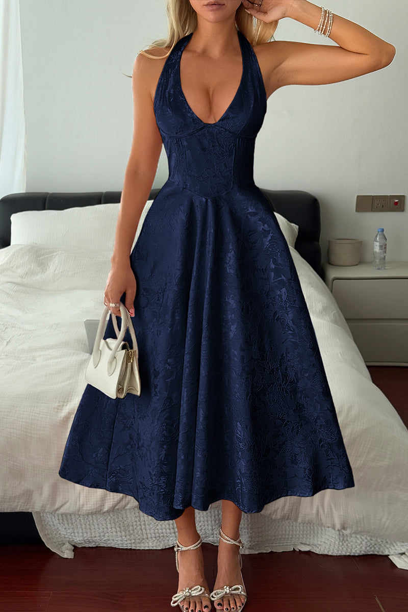 Halter A Line Lace Up Sleeveless Midi Dress