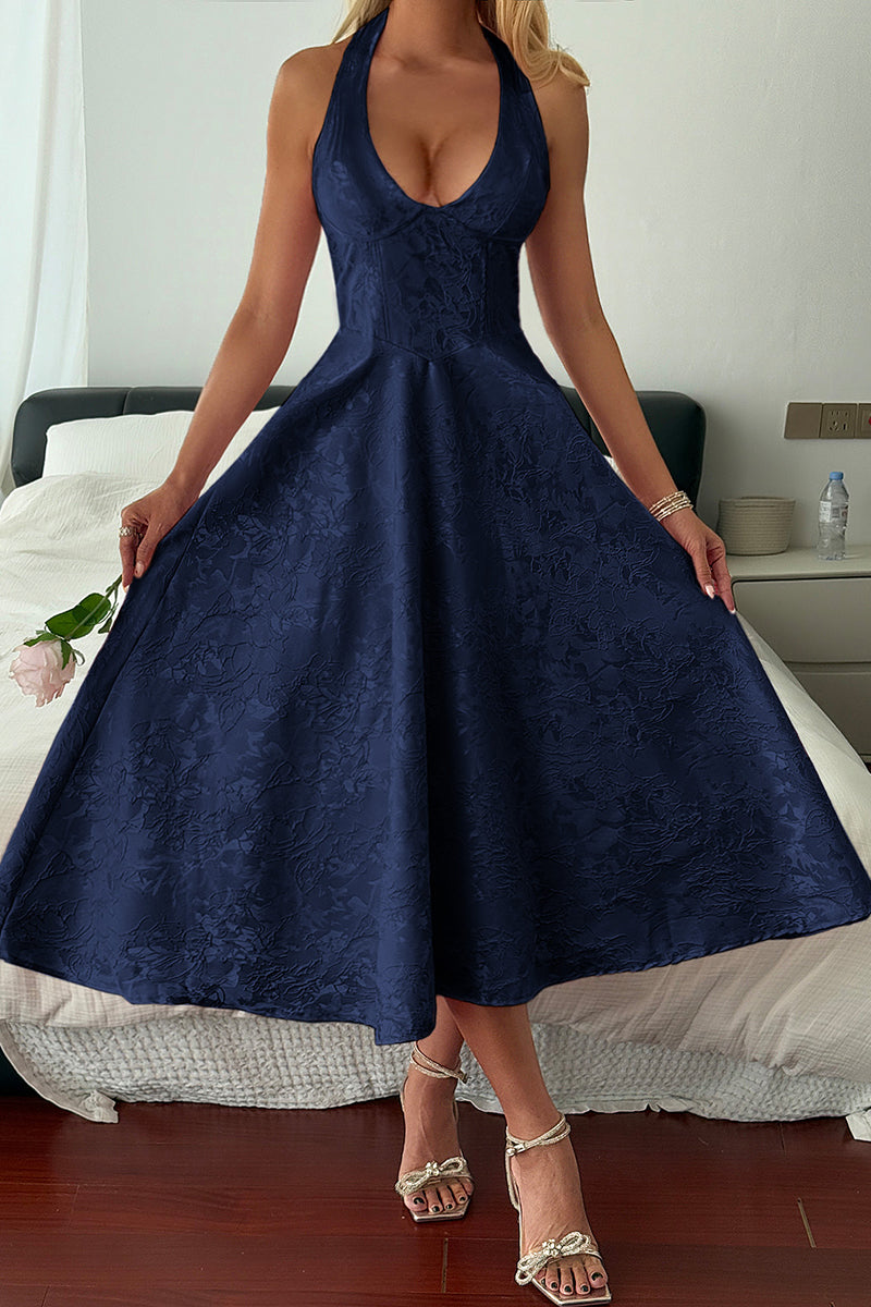 Halter A Line Lace Up Sleeveless Midi Dress