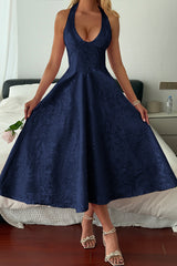 Halter A Line Lace Up Sleeveless Midi Dress