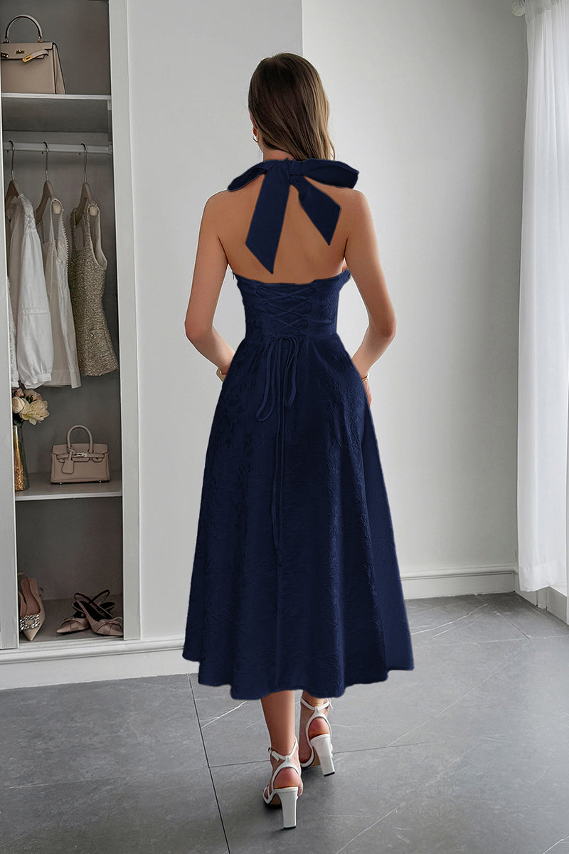 Halter A Line Lace Up Sleeveless Midi Dress