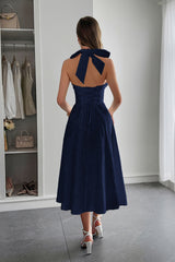 Halter A Line Lace Up Sleeveless Midi Dress