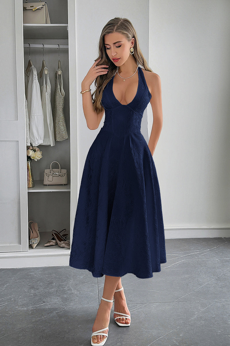 Halter A Line Lace Up Sleeveless Midi Dress
