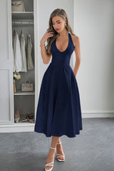 Halter A Line Lace Up Sleeveless Midi Dress