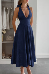 Halter A Line Lace Up Sleeveless Midi Dress