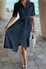 Solid Pocket Turn Down Collar A Line Dress