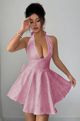 Halter V Neck Back Cross Knot Embroidery Dress