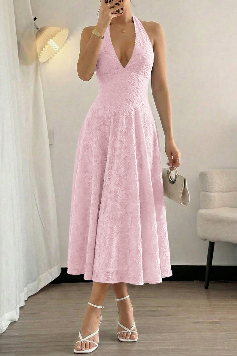 Halter Embroidery Deep V Back Tie Textured Dress