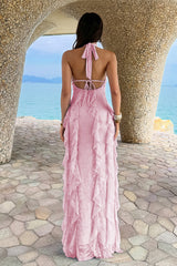 Open Back Halter Ruffle Lace Maxi Dress