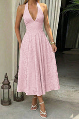 Halter Embroidery Deep V Back Tie Textured Dress
