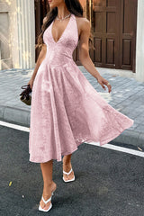 Halter Embroidery Deep V Back Tie Textured Dress