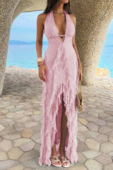 Open Back Halter Ruffle Lace Maxi Dress