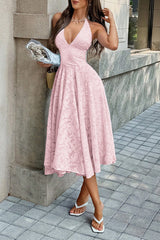 Halter Embroidery Deep V Back Tie Textured Dress