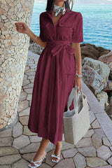 Solid Pocket Turn Down Collar A Line Dress