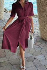 Solid Pocket Turn Down Collar A Line Dress
