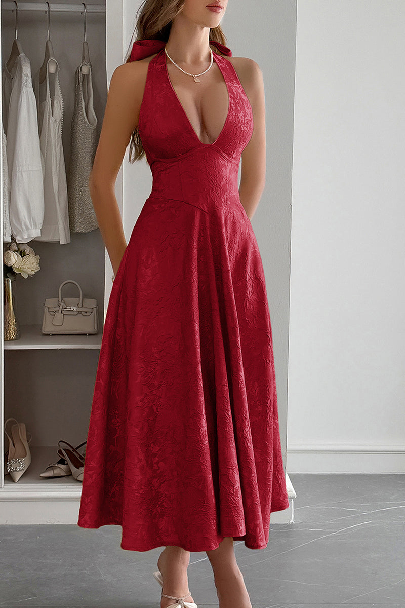 Halter A Line Lace Up Sleeveless Midi Dress