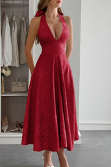 Halter A Line Lace Up Sleeveless Midi Dress