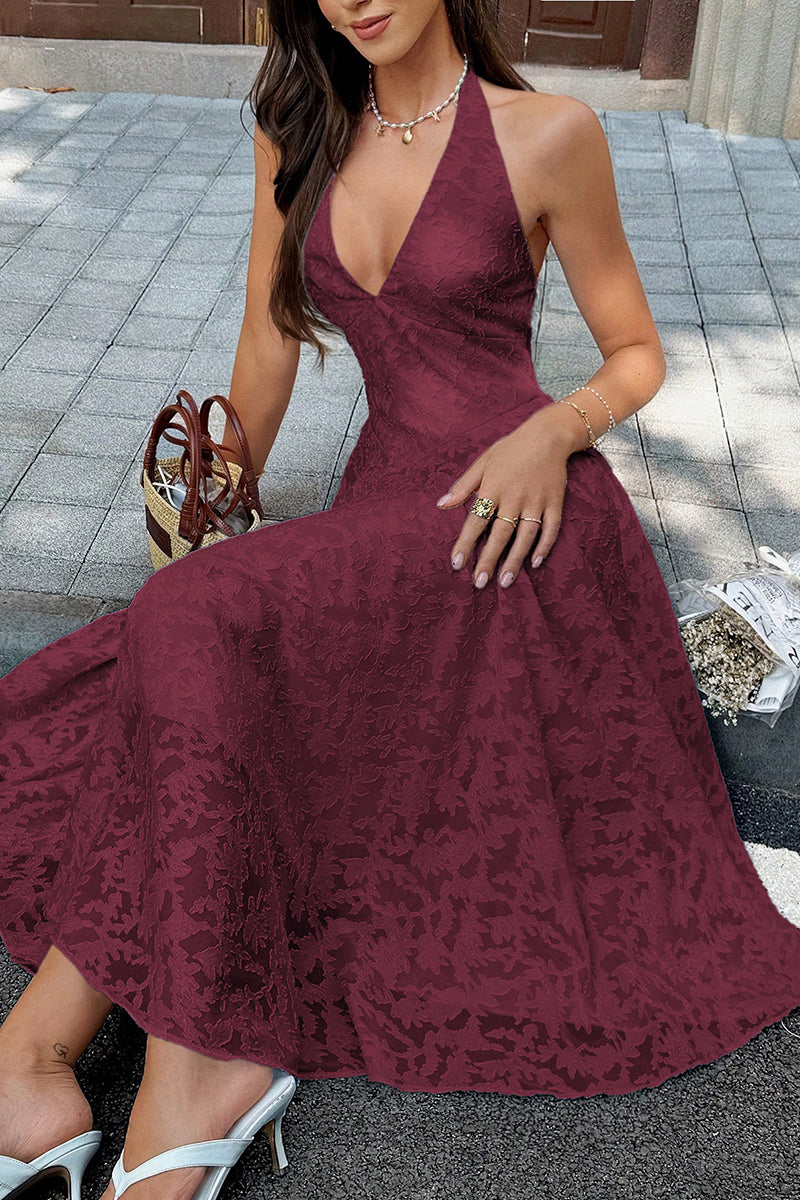 Halter Embroidery Deep V Back Tie Textured Dress