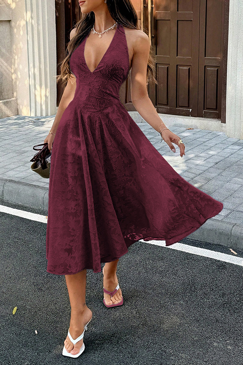 Halter Embroidery Deep V Back Tie Textured Dress
