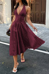 Halter Embroidery Deep V Back Tie Textured Dress
