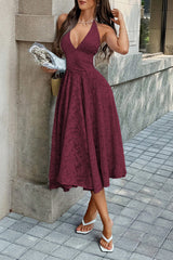 Halter Embroidery Deep V Back Tie Textured Dress