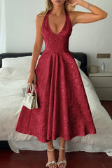 Halter A Line Lace Up Sleeveless Midi Dress