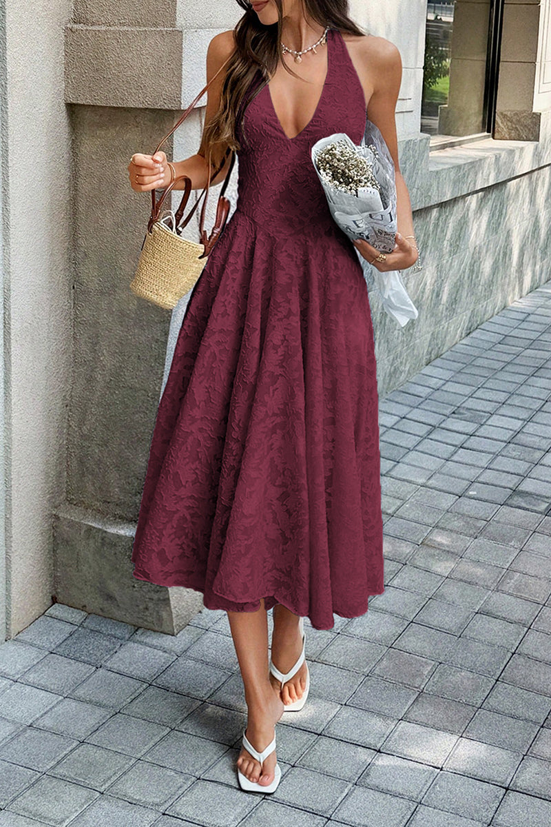 Halter Embroidery Deep V Back Tie Textured Dress