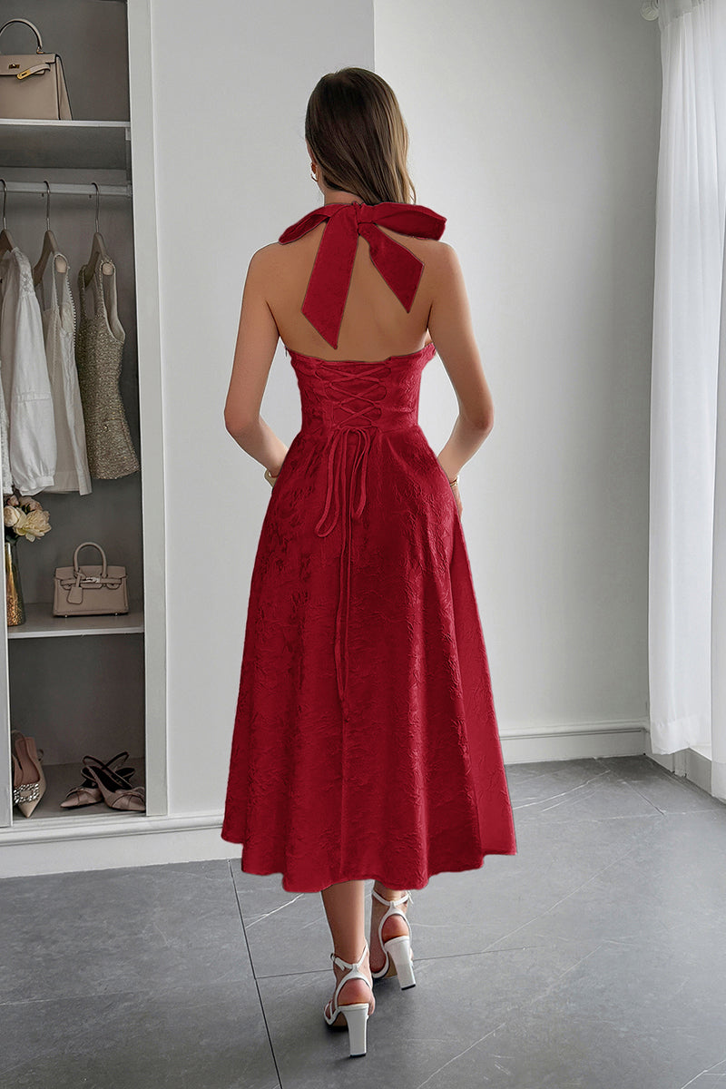 Halter A Line Lace Up Sleeveless Midi Dress