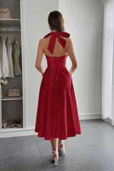 Halter A Line Lace Up Sleeveless Midi Dress
