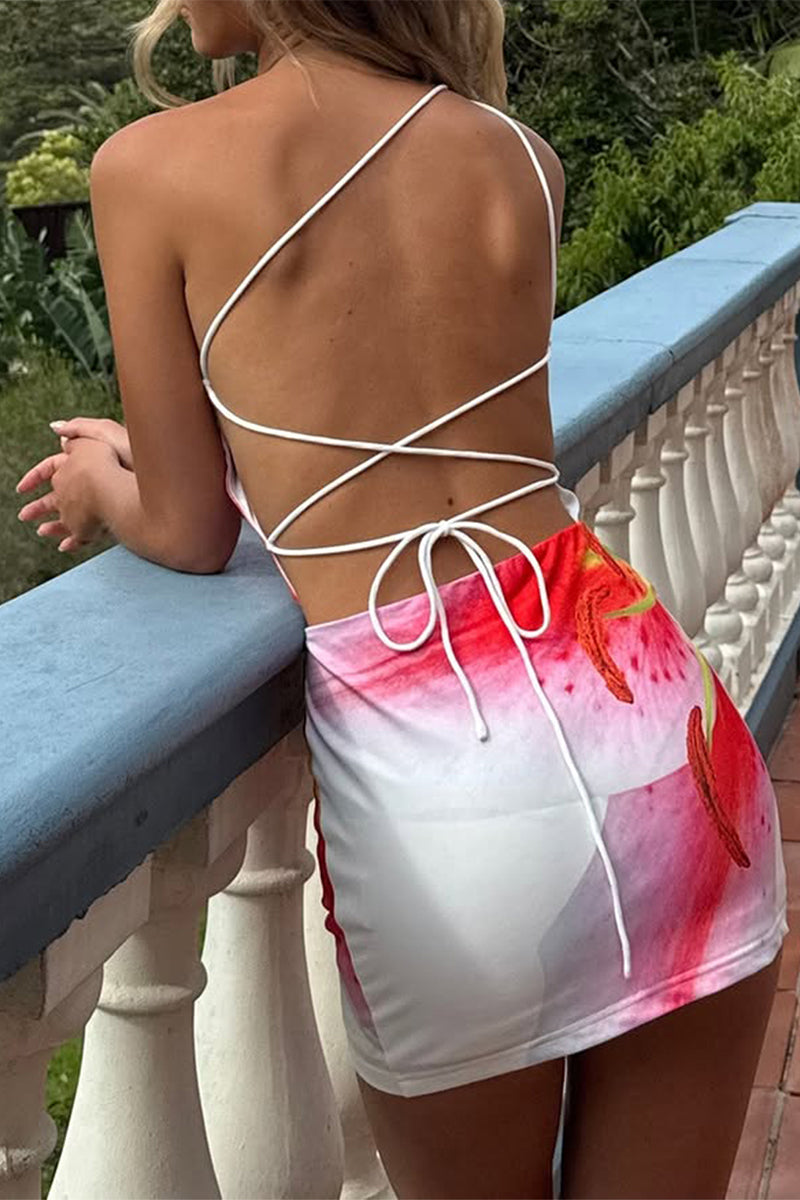 Floral Print One Shoulder Bodycon Mini Dress