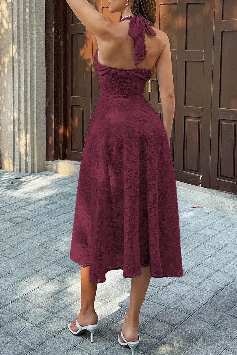 Halter Embroidery Deep V Back Tie Textured Dress