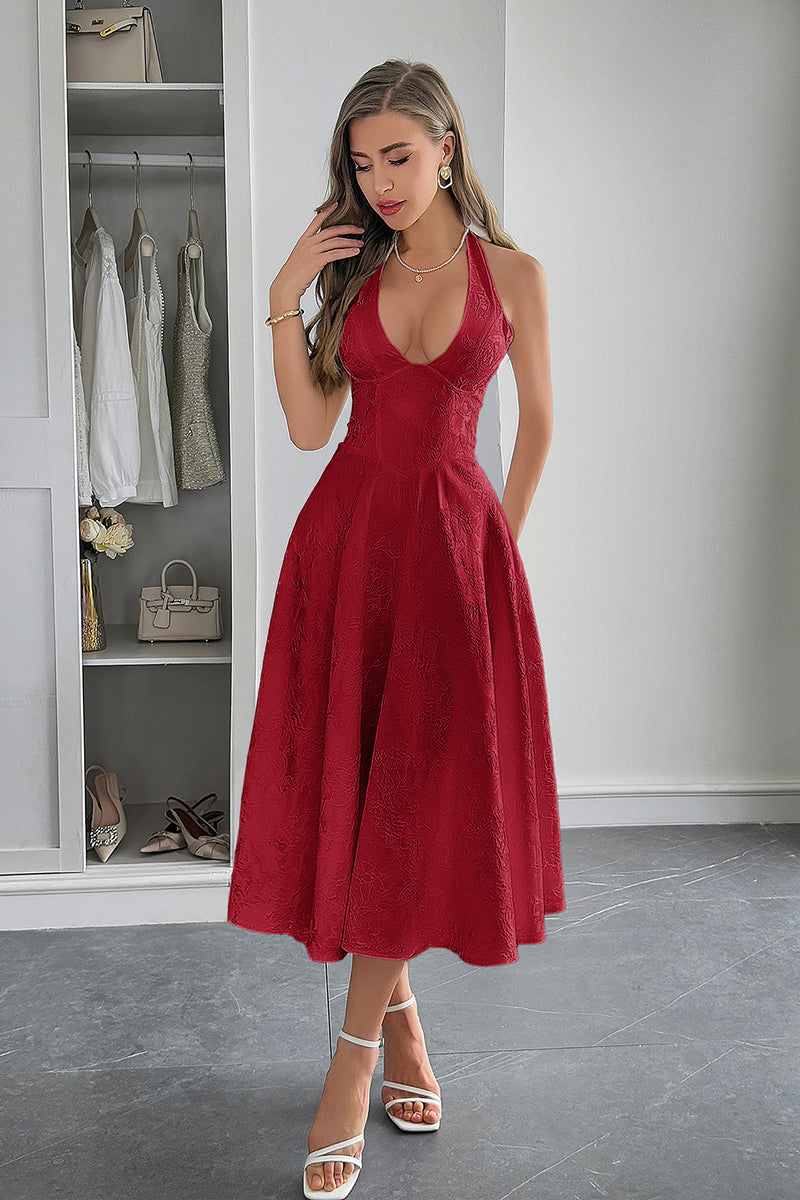 Halter A Line Lace Up Sleeveless Midi Dress