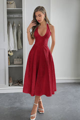 Halter A Line Lace Up Sleeveless Midi Dress