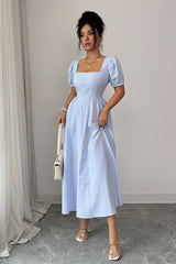 Square Neck Puff Sleeve Backless Bow Tied Striped Flowy Dress