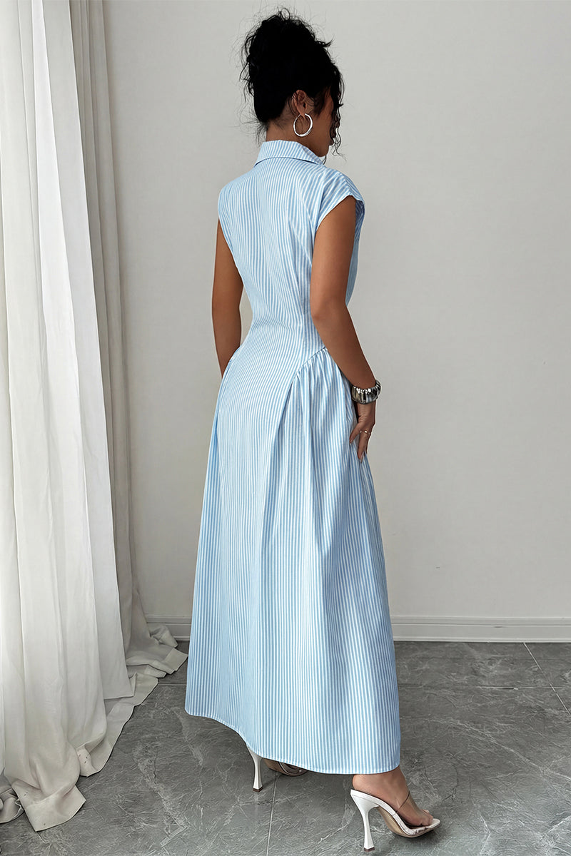 Front Slit Collar Cap Sleeve Ruched Waist Long Dress