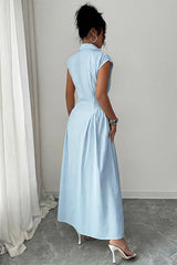 Front Slit Collar Cap Sleeve Ruched Waist Long Dress