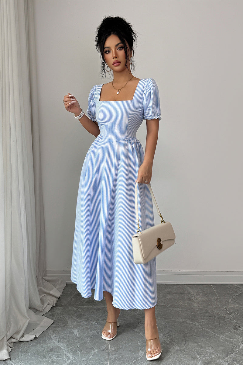Square Neck Puff Sleeve Backless Bow Tied Striped Flowy Dress