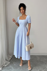 Square Neck Puff Sleeve Backless Bow Tied Striped Flowy Dress
