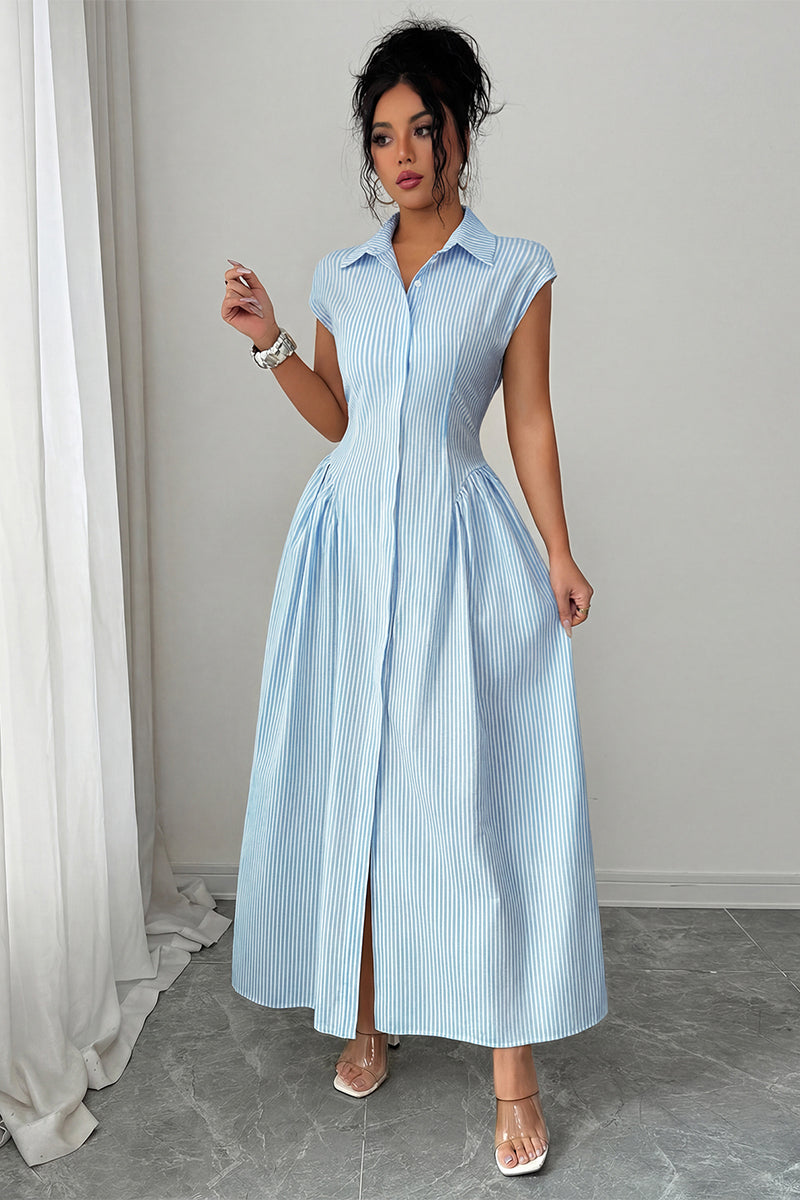 Front Slit Collar Cap Sleeve Ruched Waist Long Dress