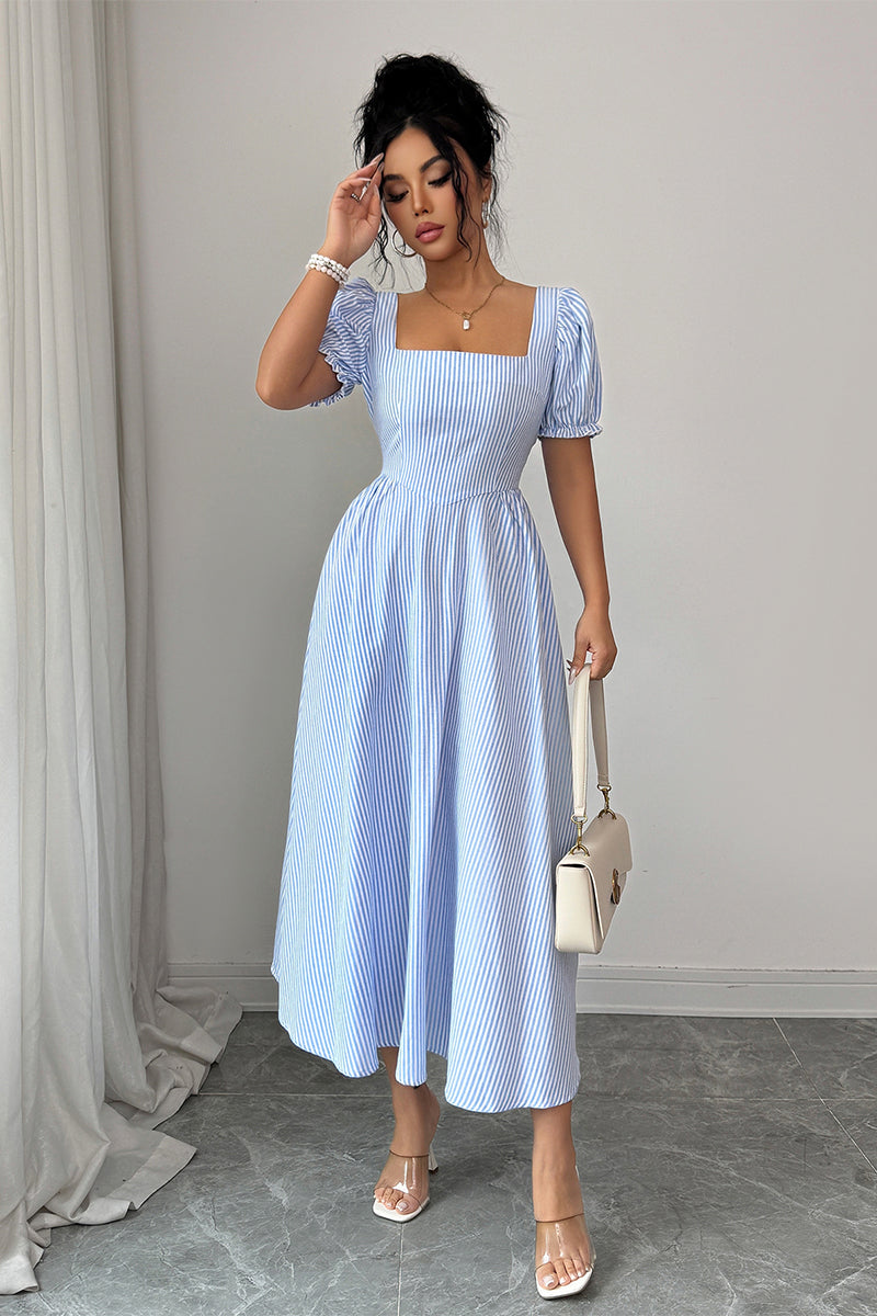 Square Neck Puff Sleeve Backless Bow Tied Striped Flowy Dress