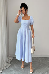Square Neck Puff Sleeve Backless Bow Tied Striped Flowy Dress