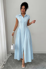 Front Slit Collar Cap Sleeve Ruched Waist Long Dress