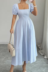 Square Neck Puff Sleeve Backless Bow Tied Striped Flowy Dress