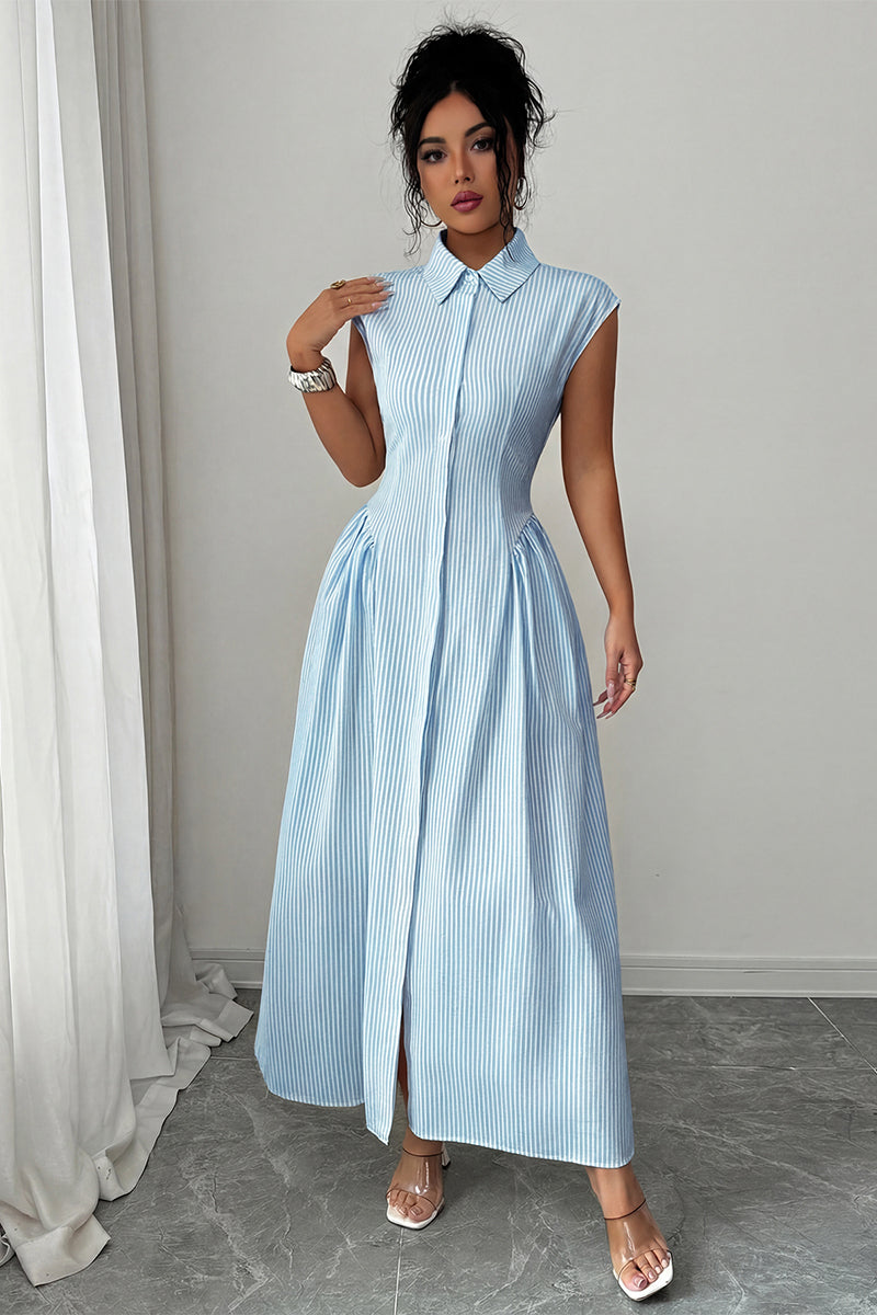 Front Slit Collar Cap Sleeve Ruched Waist Long Dress