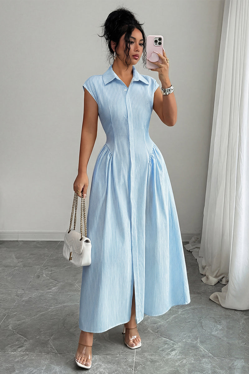 Front Slit Collar Cap Sleeve Ruched Waist Long Dress