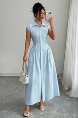 Front Slit Collar Cap Sleeve Ruched Waist Long Dress
