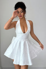 Halter V Neck Back Cross Knot Embroidery Dress