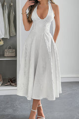 Halter A Line Lace Up Sleeveless Midi Dress