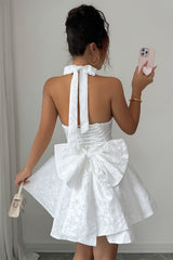 Halter V Neck Back Cross Knot Embroidery Dress